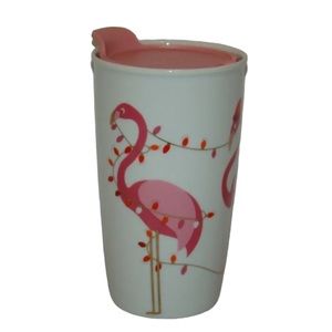 Davids Tea Ceramic Pink Flamingo Christmas Holiday White Travel Mug w/ Lid